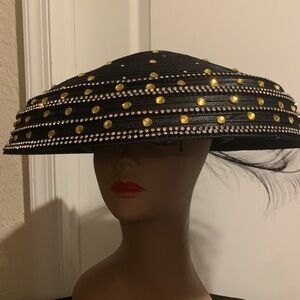 Black Hat with Gold Studs and Feather Accent